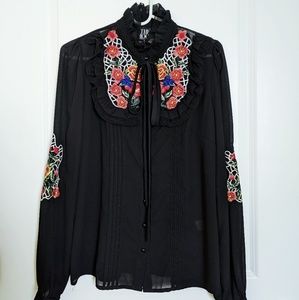Black Ruffle Top with Floral Embroidery